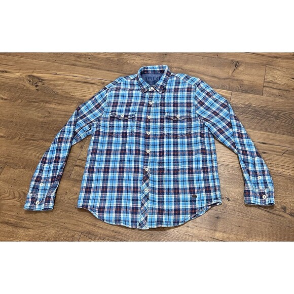 True Grit Button Up Shirt Mens Large Blue Red Plaid Flannel Long Sleeve Western - Picture 2 of 15